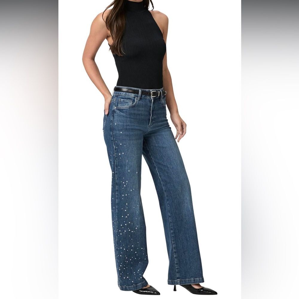 PAIGE Sasha crystal embellished wide leg jeans 28 high rise y2k rhinestone glam